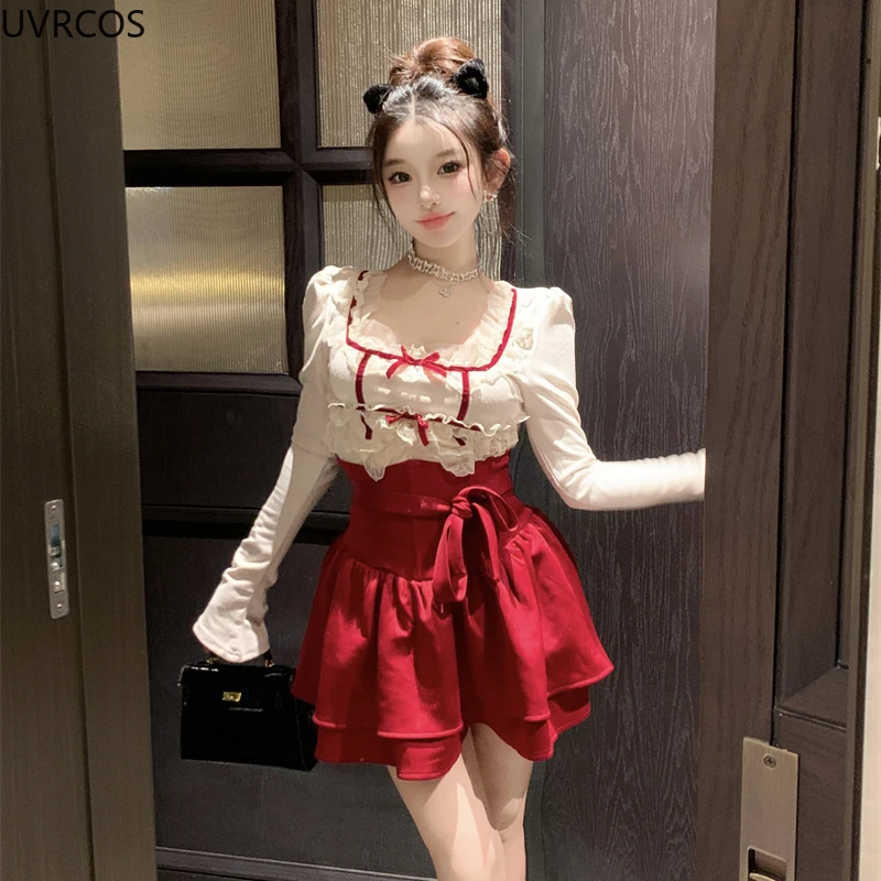 Japanese Kawaii Lolita Style 2 Piece Set Women Sweet Lace Bow Tops Y2K Mini Skirt Suit Winter Female Korean Fashion Chic Outfits