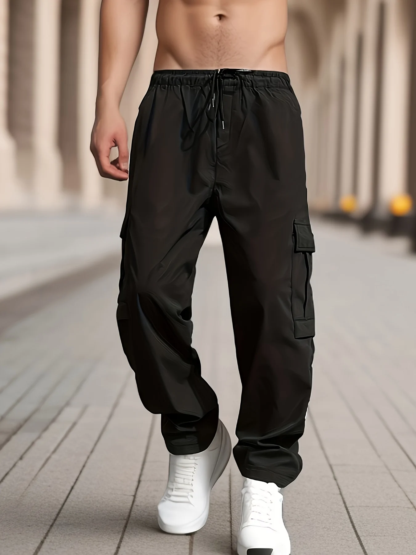 

Мужские прямые брюки с поясом и карманами, однотонный дизайн, свободный повседневный стиль.