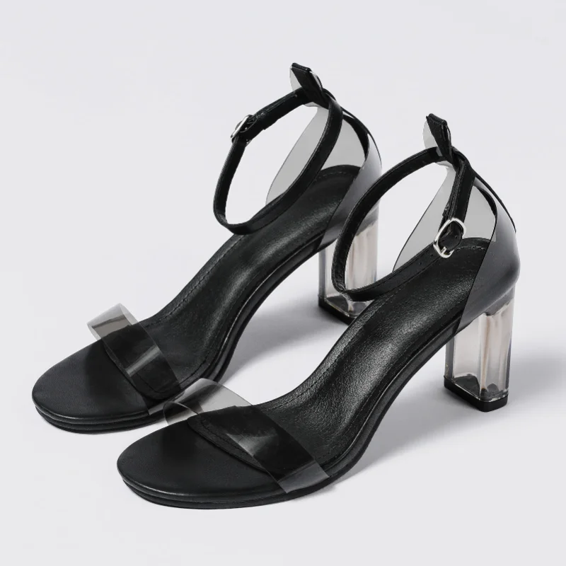2023 Women Sandals Clear Heels Summer Chunky Heeled Sandals Sexy One Strap Peep Toe Party Prom Ankle Buckle Block Heel Big Size