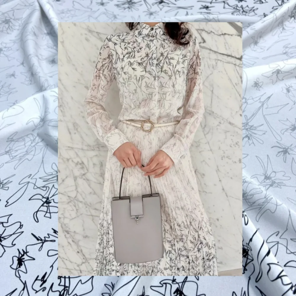 

Silk Stretch Crepe De Chine Fabric Geometric Lines on White Background Spring Summer Shirt Dress Cloth Wholesale by the Meter