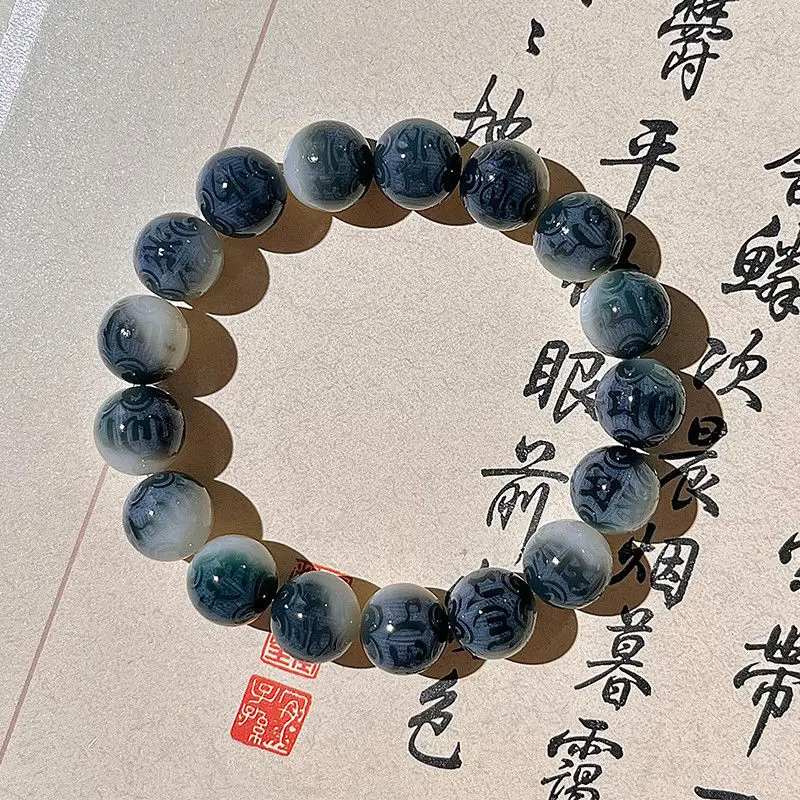 White Jade Bodhi Root Carved Six Words Motto Student Hand Toy Bracelet Female Pliable Temperament Bodhi Seed Cultural Artifact P view 6