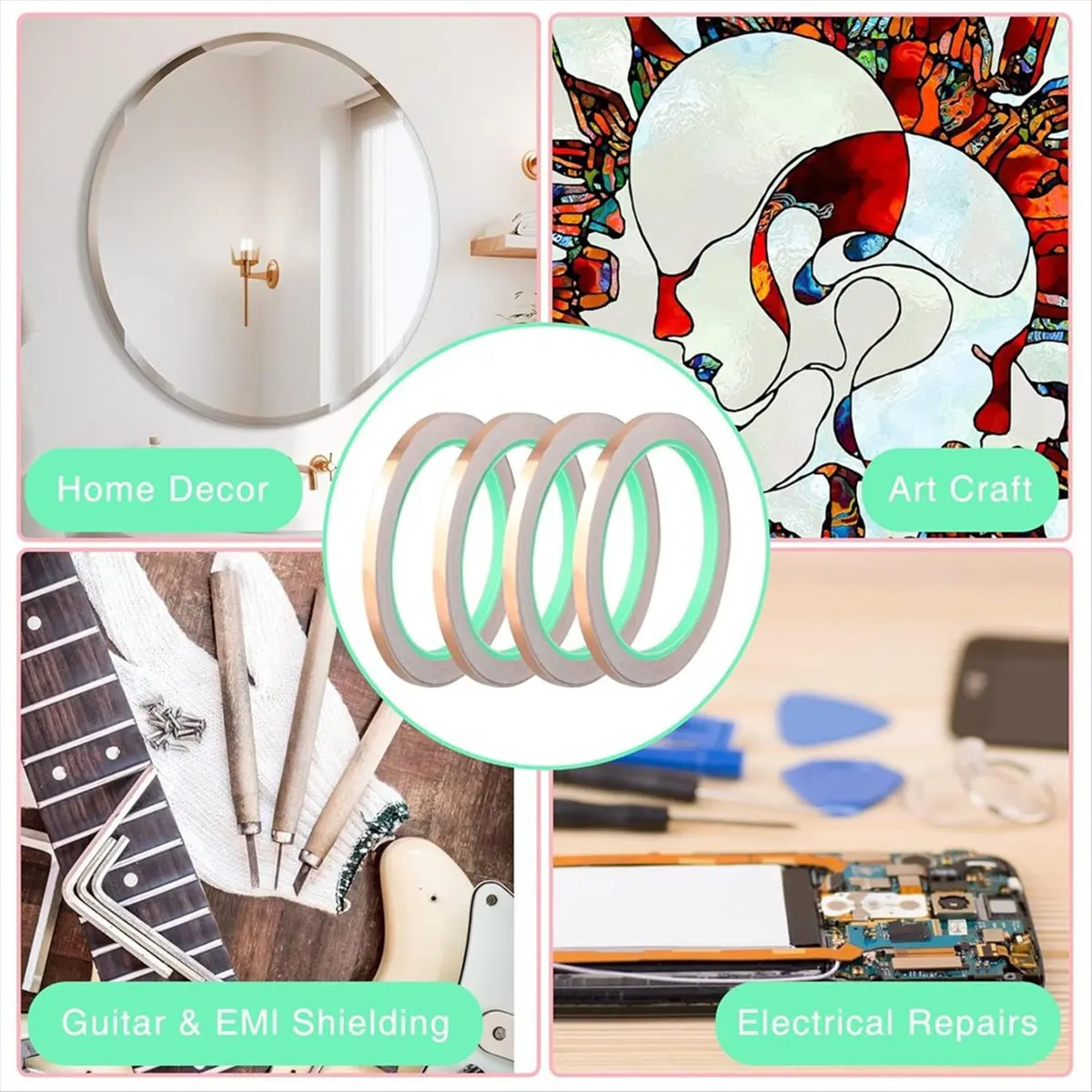 

4-рулонная двусторонняя лента из медной фольги для витражей, медная лента, проводящий клей для витражного стекла