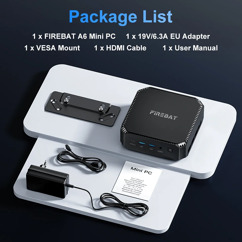 AMD R7 6800H Mini PC Gamer، FIREBAT A6 16GB 512GB SSD Mini Computer، AMD Radeon Graphics، Dual Band WiFi6 BT5.2، مكتب كمبيوتر للألعاب