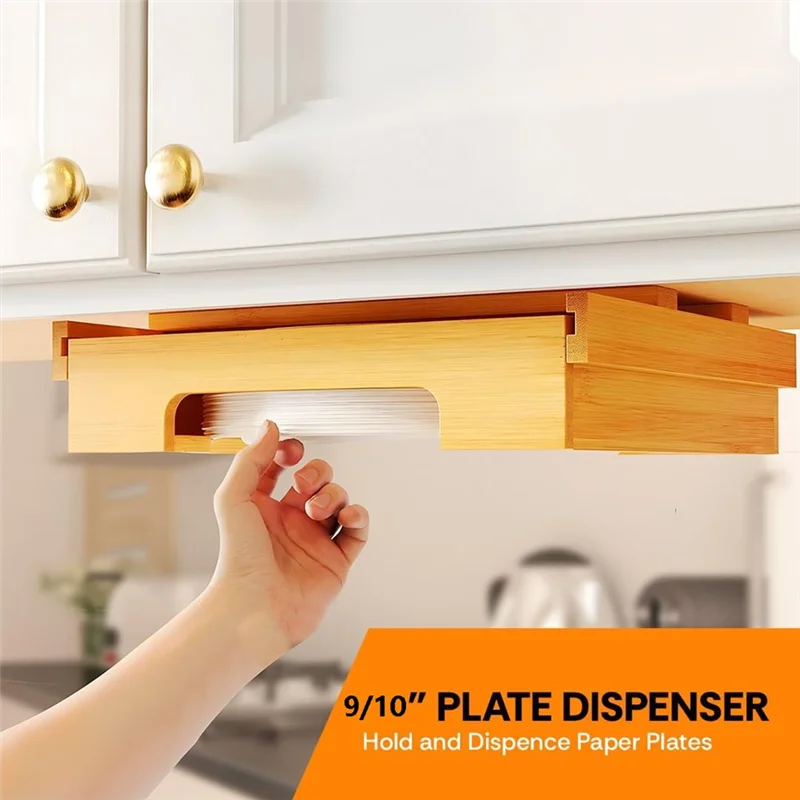 

ABFS 9/10-дюймовый бамбуковый диспенсер для бумажных тарелок — держатель под шкафом и столешницу для кухонных кухонных тарелок, универсальный