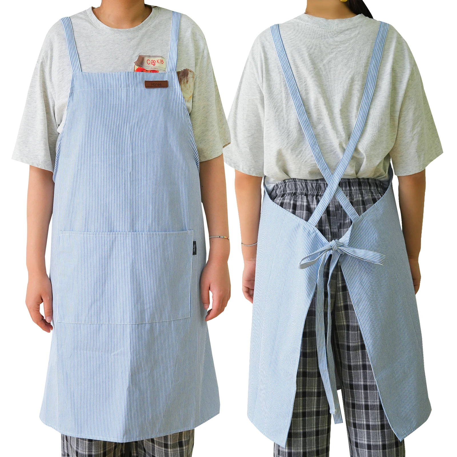 Japanese Cotton Canvas Blue Striped Kitchen Apron for Men Women Stain-resistant Cross-back Baking Cooking Pinafore with Pockets