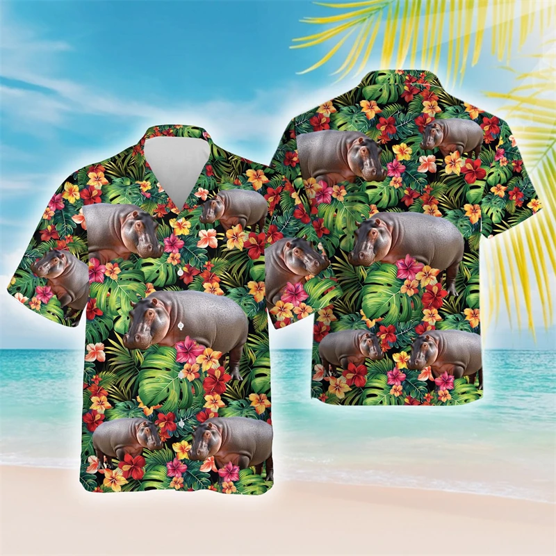 

3D Printed Funny Hippo Beach Shirts For Men Cute Animal Hip Hop Short Sleeve Surfing Shirt Blouses Hippopotamus Aloha Shirt Tops