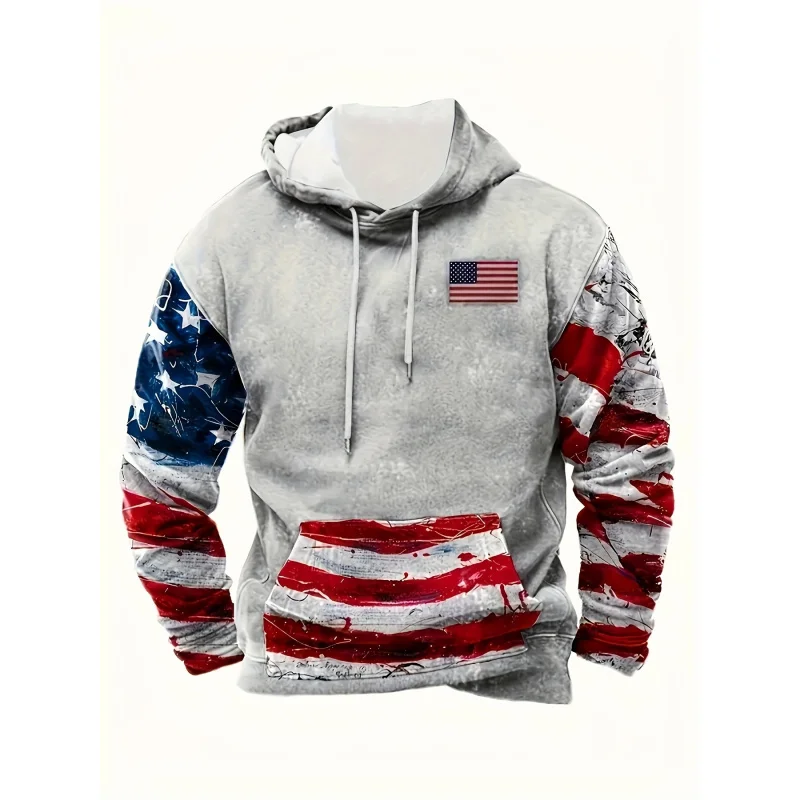 Mens patriotic graphic print hooded sweatshirt-soft fleece lining, relaxed fit, pullover design-American flag theme