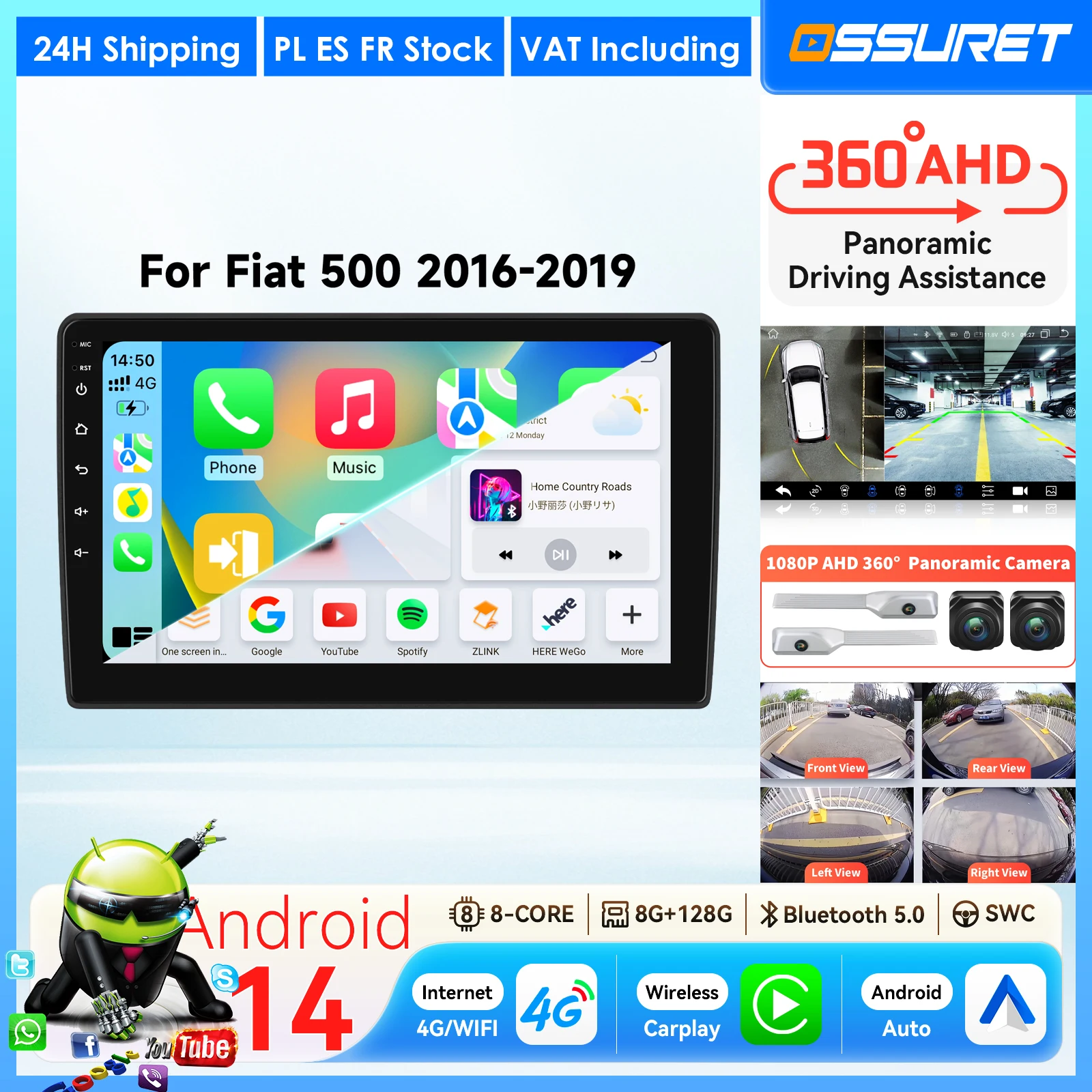 Autoradio Carplay Android per Fiat 500 2016-2019, Lettore Multimediale 2Din con Telecamera 360, Navigazione GPS, Stereo Audio DSP, RDS, Bluetooth, Schermo Smart