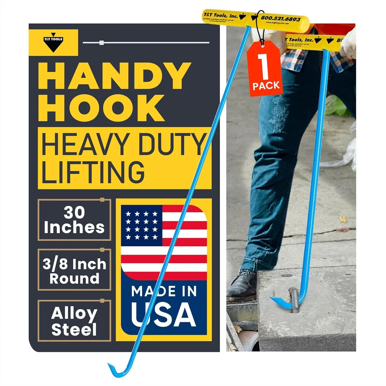 Heavy Duty Handy Hook 30 Inch with 3/8" Round Pump Hook End, Multipurpose Lifting and Pulling Tool for Manhole Covers, Septic