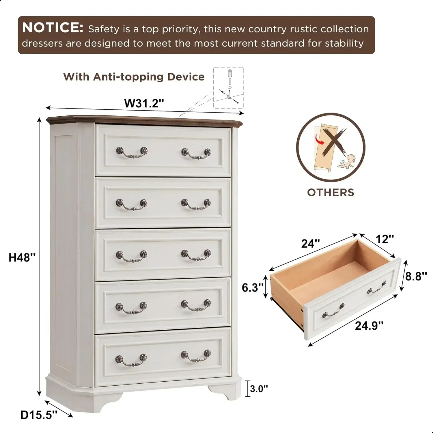 Farmhouse 5 Drawers Dresser for Bedroom, 48