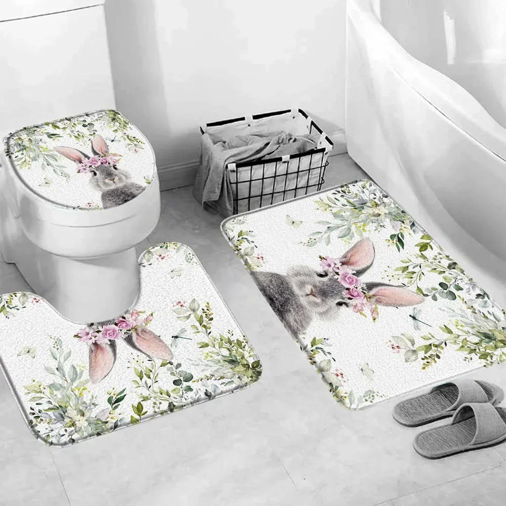 Happy Easter Rug Set Truck Bunny Elf Eggs Holiday Bathroom Bath Mats Toilet Mats Bathtub Decoration