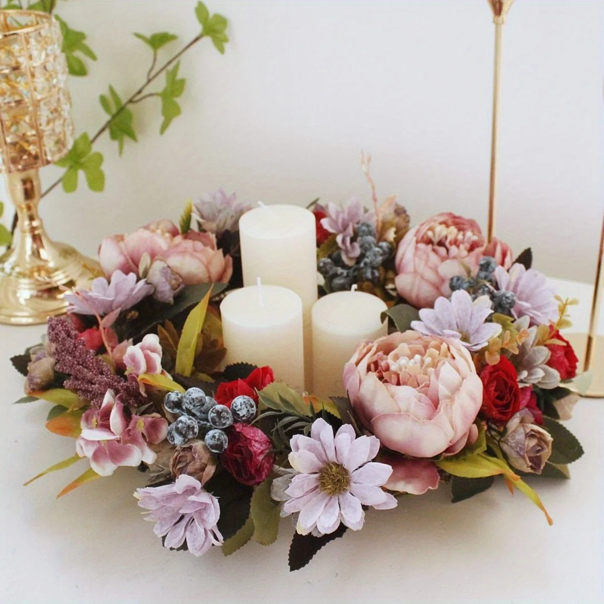 

1 Pc Candlestick Garland, Peony Wreath for Front Door, 14in Spring Door Wreath, Artificial Peony Valentine's Day Wreath