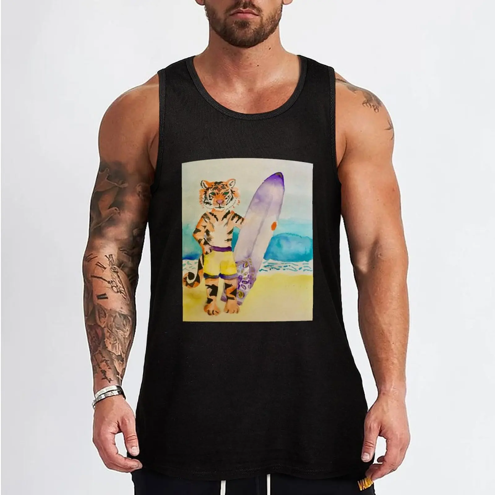 Tiger with surfboard Tank Top Vest gym clothing men men gym