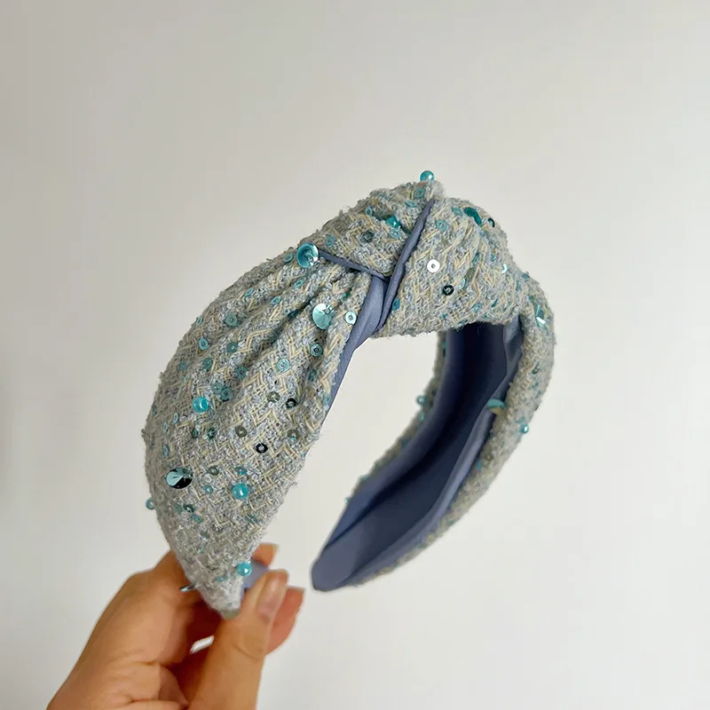 Women Girls Blue Woolen Plaid Knot Hairband Headband Adult Hair Accessories Hair Jewley