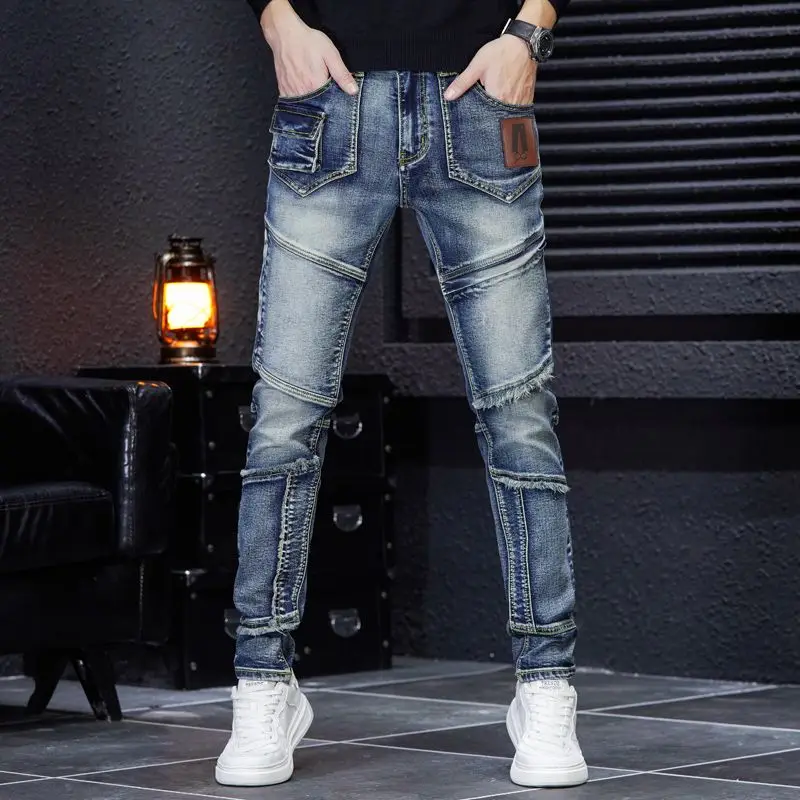 new handsome and personalized nostalgic multi pocket patchwork with raw edge elastic jeans for men's  denim jeans