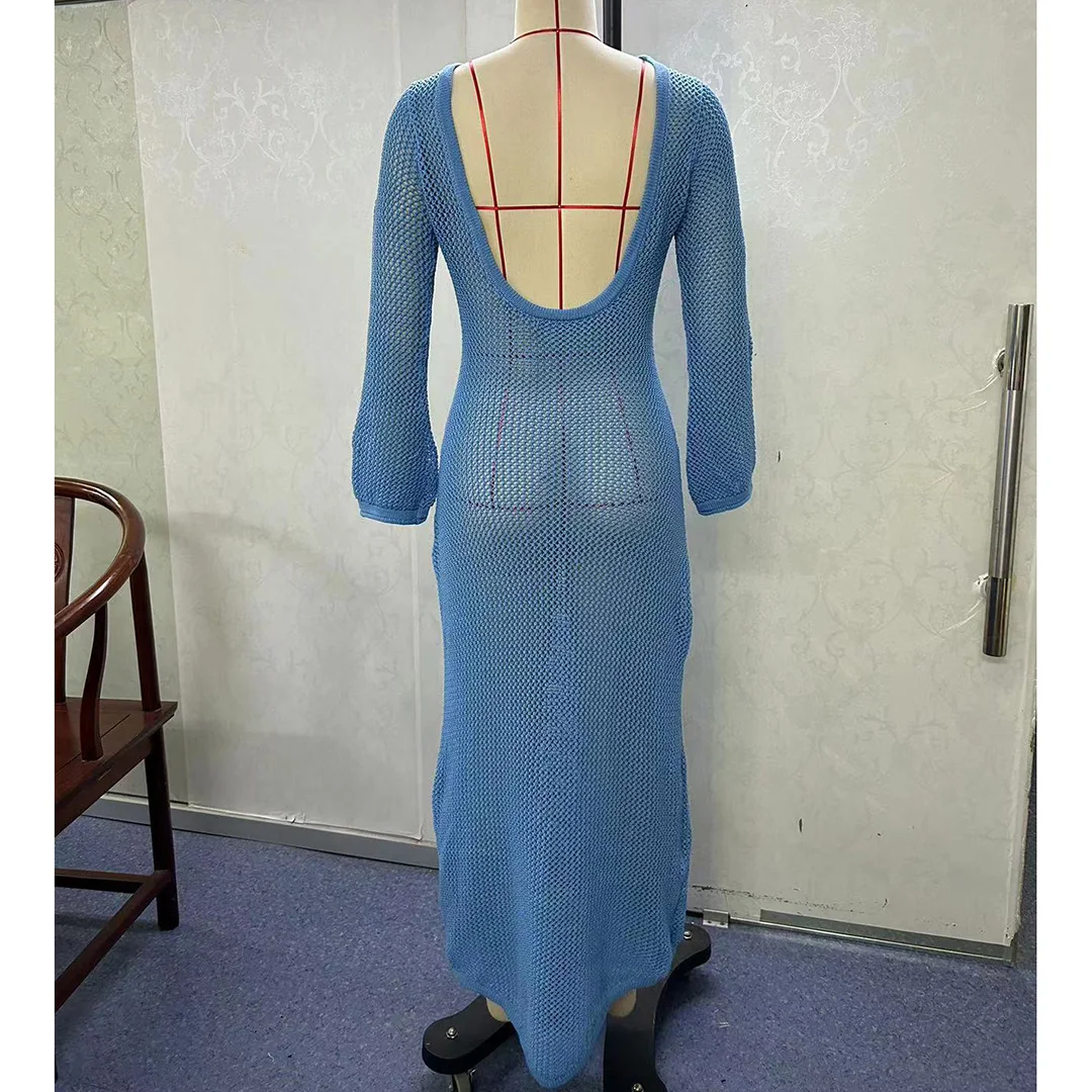 Sexy Langarm-Tunika mit Ausschnitten, gehäkelt, gestrickt, Strandkleid, Strandmode, Damen V5319 – Detail 12