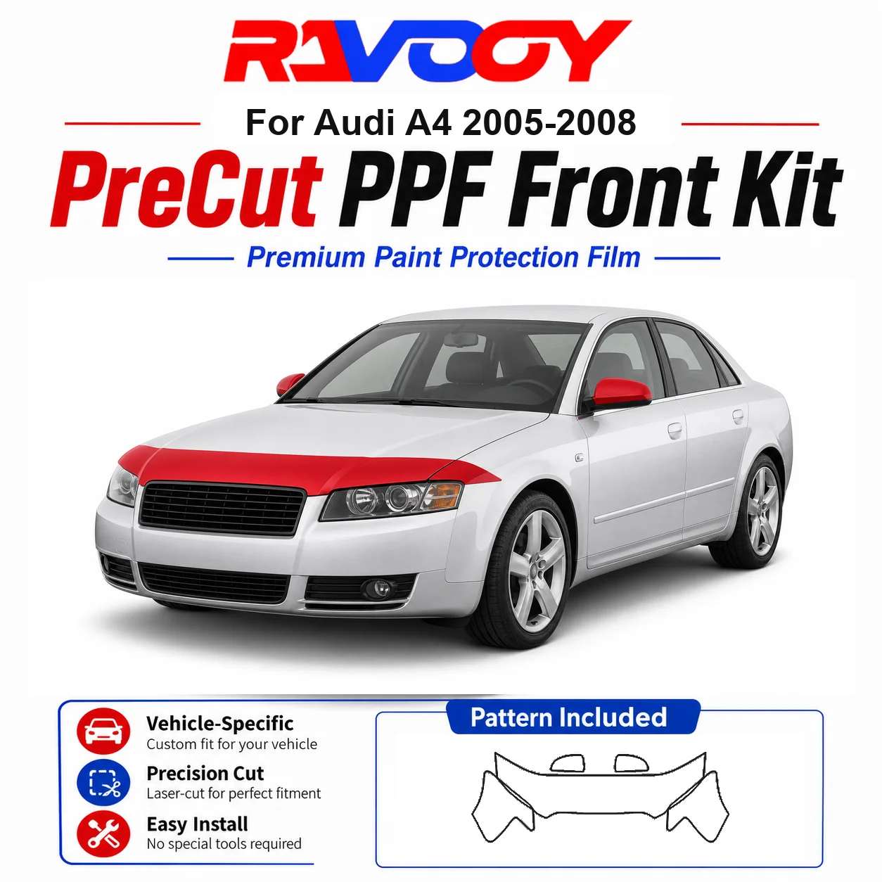 

8.5mil TPU Precut PPF Kit For Audi A4 2005-2008 - Hood, Partial Fenders & Full Mirror Set - Self-Healing Gloss Clear Bra Film