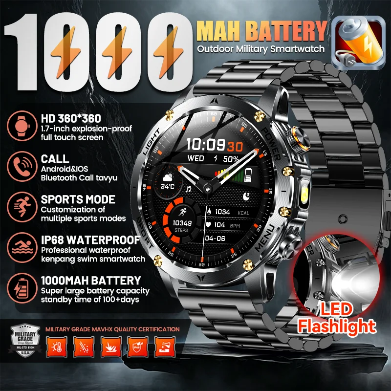 New Customized High-end Men's Outdoor Sports Smart Watch  1000mAh Battery LED Flashlight Bluetooth Communication Global Compatibility Supports Mobile Phone Connection IP68 Waterproof 24-hour Health (heart rate/blood oxygen/sleep) Smartwatch