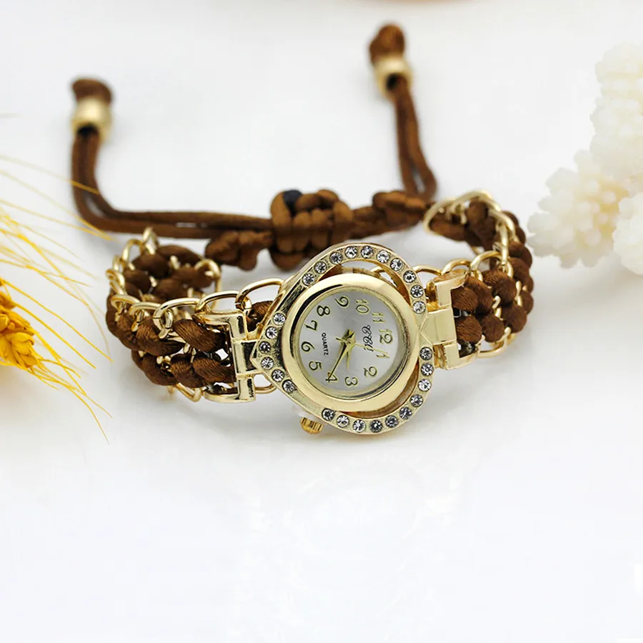 Loving Heart Gold Women Dress Watch New Ladies Hand-knitted Wristwatch Color Sparkling Rhinestone Fabric Clock Sweet Girl Watch