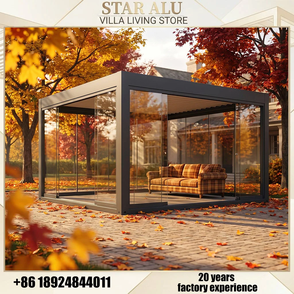 Motorized Aluminum Pergola Weatherproof Adjustable Louver Roof Pavilion UV Protection Sunshade for Outdoor Patio