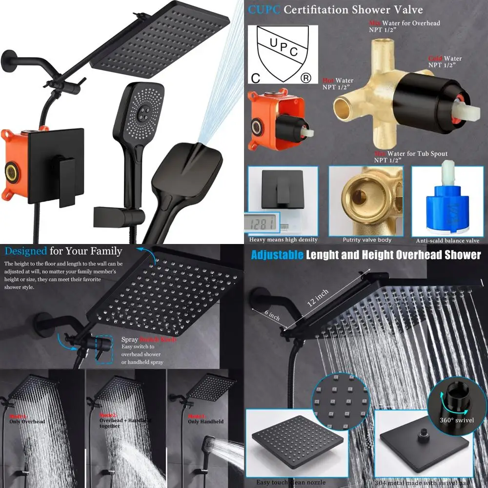 

Modern Luxury Matte Black Wall Mounted 10 Inch Rain Shower Faucet Set with Anti-Scald Pressure Balanced Valve Body