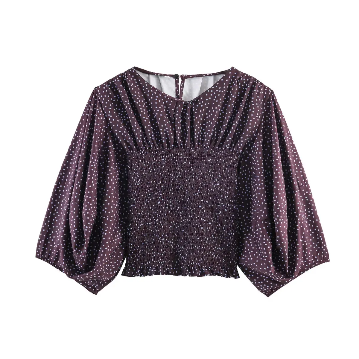 

Woman Spring Casual Long Sleeves Round Collar Polka Dots Balloon Sleeve Shirt Female Elegant Poplin Short Elastic Blouse Brand