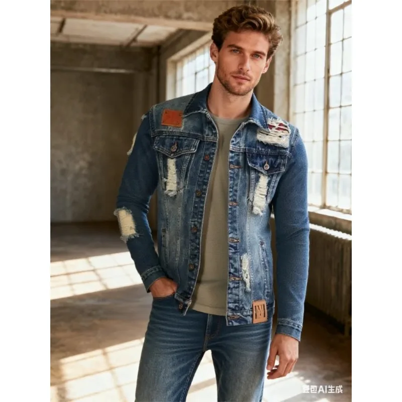 

New Men's Retro classic Hole Motorcycle Jacket Y2K Streetwear Loose Fit Hip Hop mens jacket Fashion Casual Trendy Men Clothing