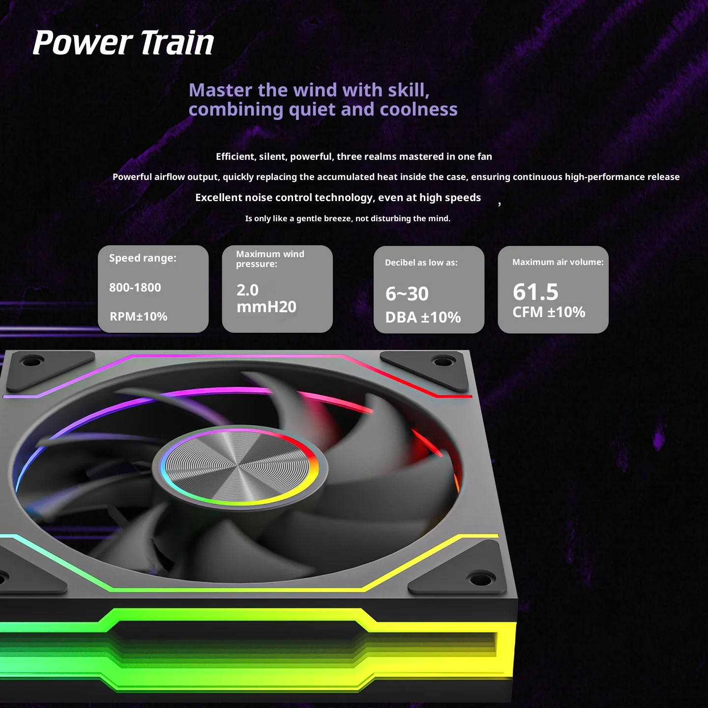 Power Train PRISM 9 PRO Computergehäuselüfter 12 cm ARGB 4-poliger PWM-Leiser Lüfter 12 V großes Luftvolumen 61,5 CFM/800–1800 U/min