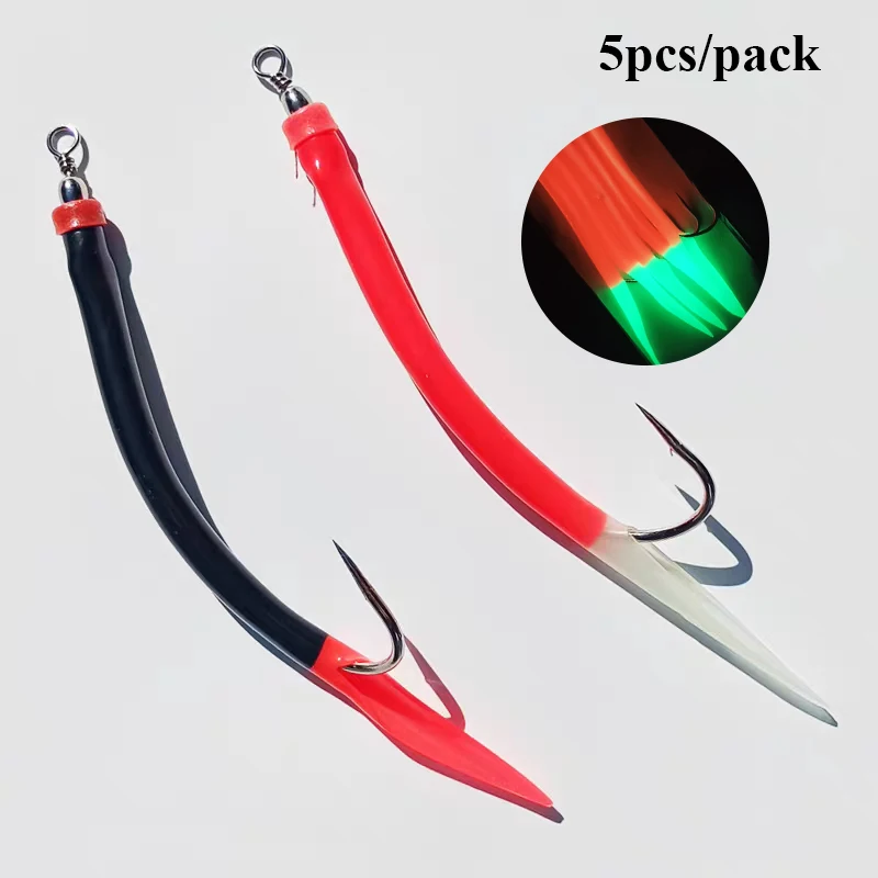 5 Peças de Anzóis Sabiki Luminosos Vermelhos com Pisca-Pisca para Pesca Marítima de Atum e Bacalhau, Tamanhos 6/0-14/0, Jigs de Enguia que Brilham no Escuro, Iscas para Pesca Embarcada de Cavala