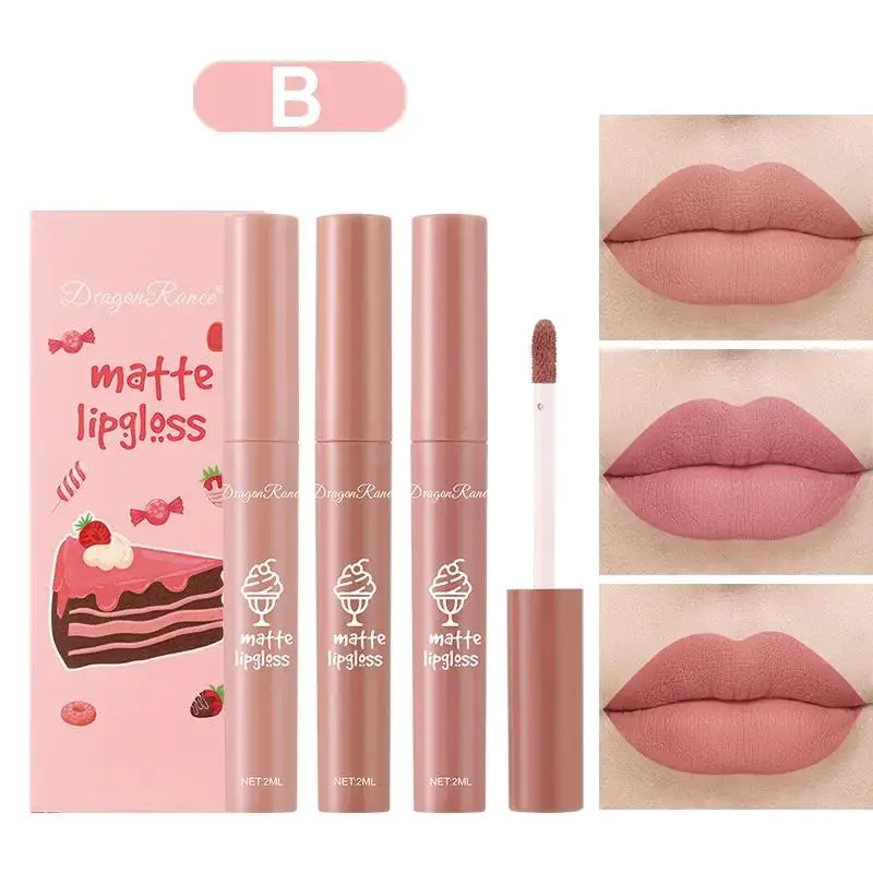 Dragon Ranee 3-teiliges mattes Lipgloss-Set, samtiger flüssiger Lippenstift, nackte Lippenglasur, wasserfest, langlebig, nicht klebrig, Lippen-Make-up-Set