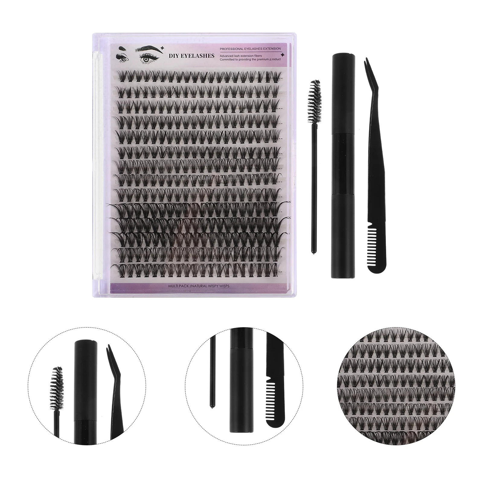 1 Set False Eyelash Cluster Kit Lash Bond Seal Diy Extension Tools Adhesive Tweezers Self Application Portable Home Use Black