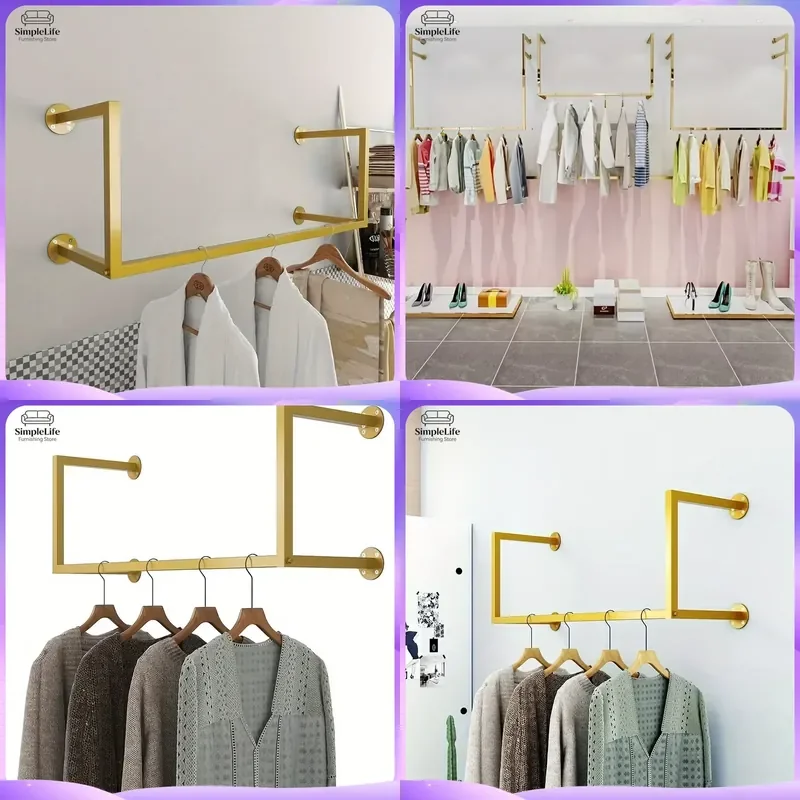 Gold Wall Mounted Coat Rack Modern Space Saving Retro Clothing Store Display Hanger Multi Functional Storage Organizer Home