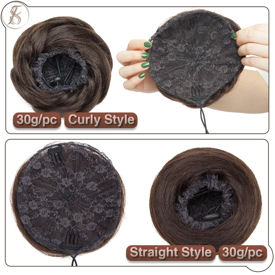 TESS 30g Hair Bun Chignon 100% Human Hair Donut Brown Blonde Headwear Wrap On Elastic Scrunchie Curly Color Hairpiece Extensions