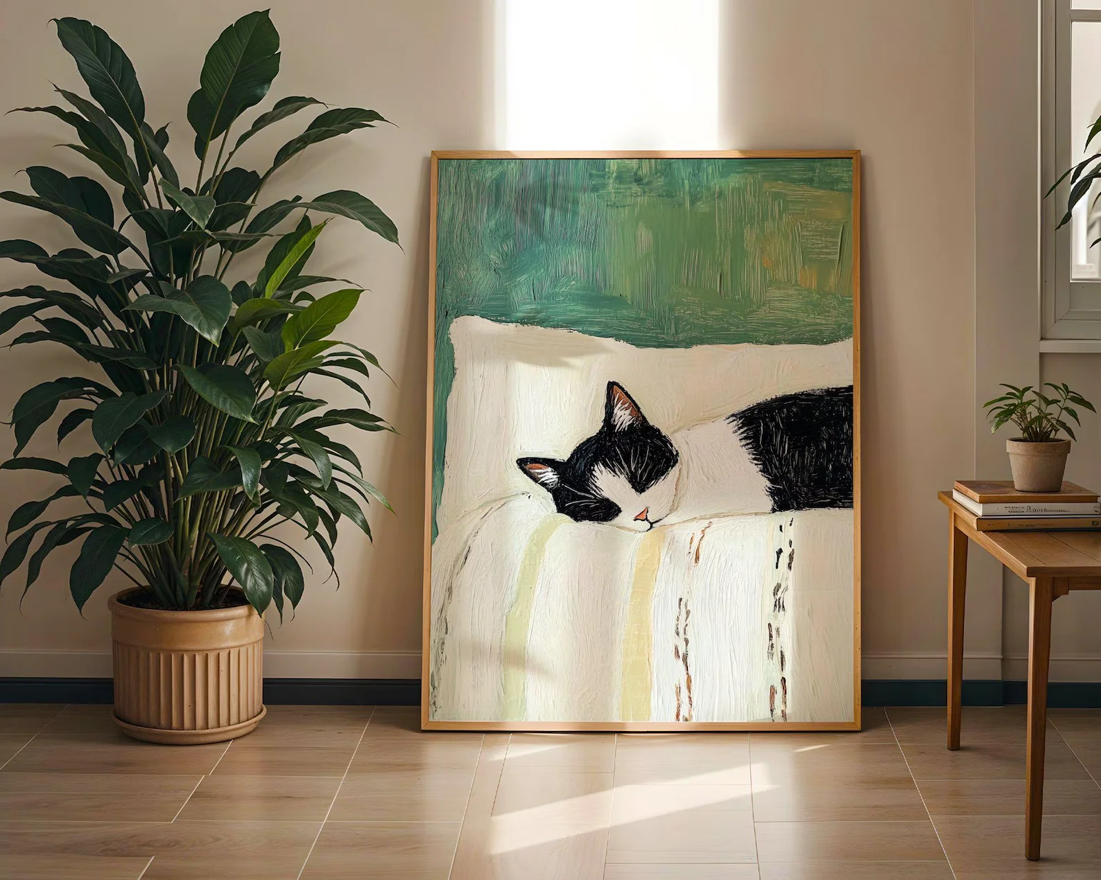 1pc (No frame),Cute Sleeping Tuxedo Cat Canvas Print, Minimalist Green & Beige Cat Wall Art, Aesthetic Home Decor for Cat Lovers view 6
