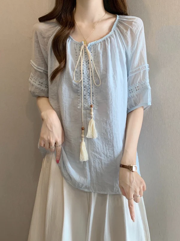 

Light Blue Crochet Hollow Short Sleeve Women's Shirt Bohemian Doll Top plus Size Korean Style Loose Fit Commute Fashion