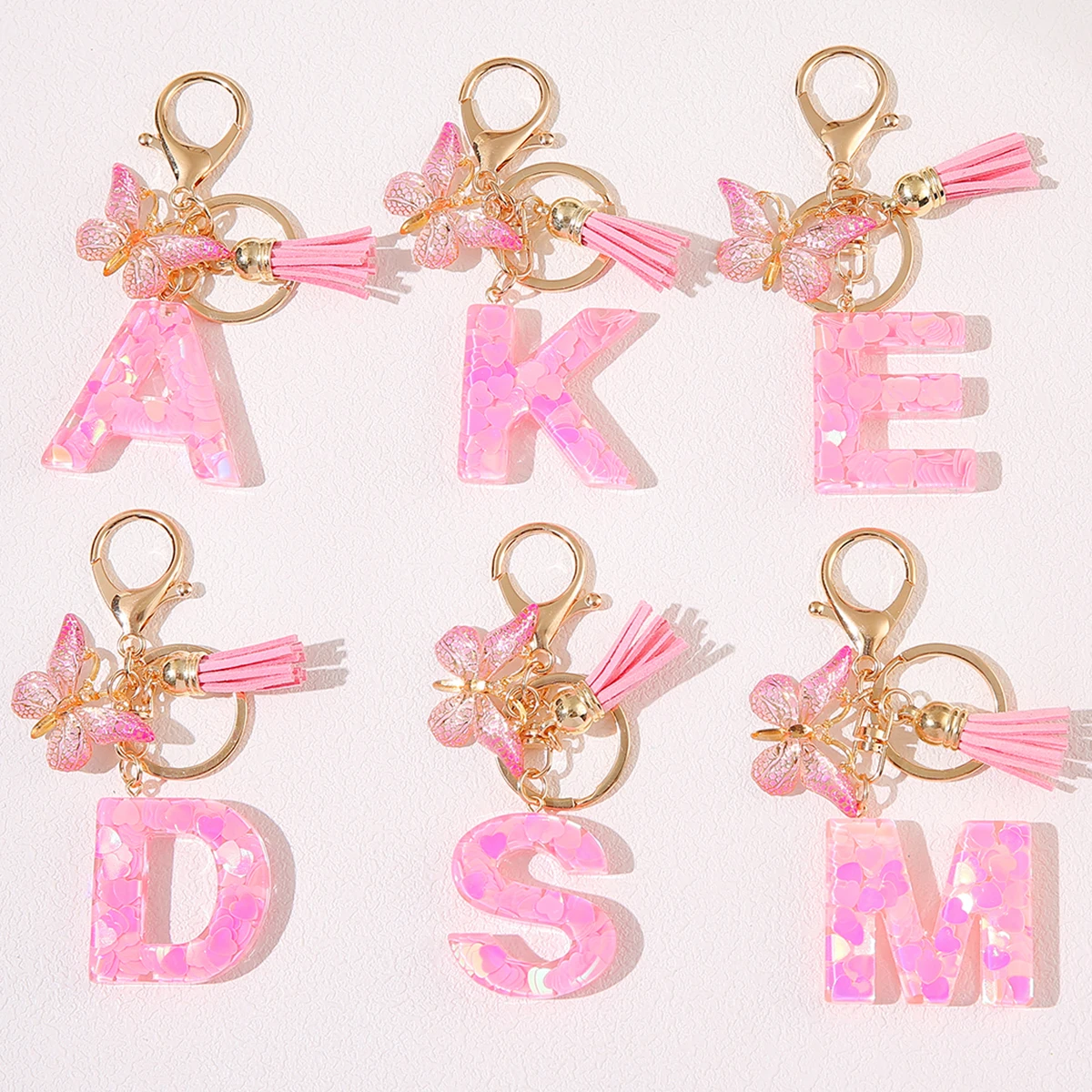 Personalized pink Initial Letter Keychain with Butterfly Charm - Durable Resin Construction Love sequin letter pendant keychain