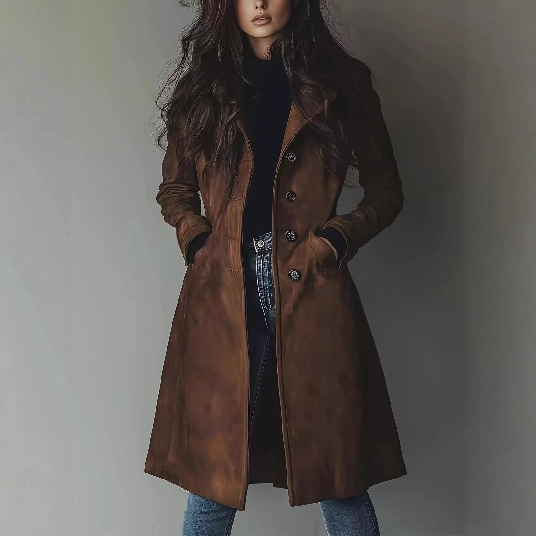 Attractive Suede Coat Women's Casual Waist-Cinching Western Style Long Length Single-Button Closure Fashionable Outerwear