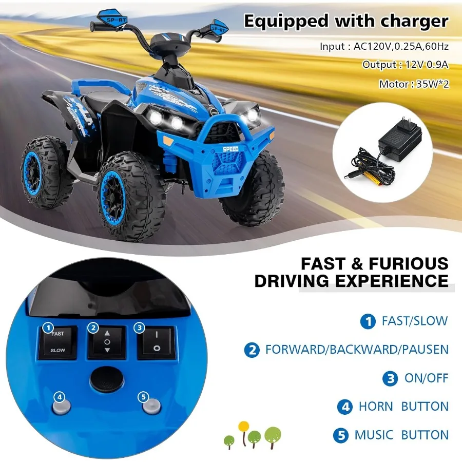 Ride on ATV 12V 4 Wheeler Quad Toy Vehicle with Music Horn High Low Speeds LED Lights Electric Ride On Toy Battery Powered Whee