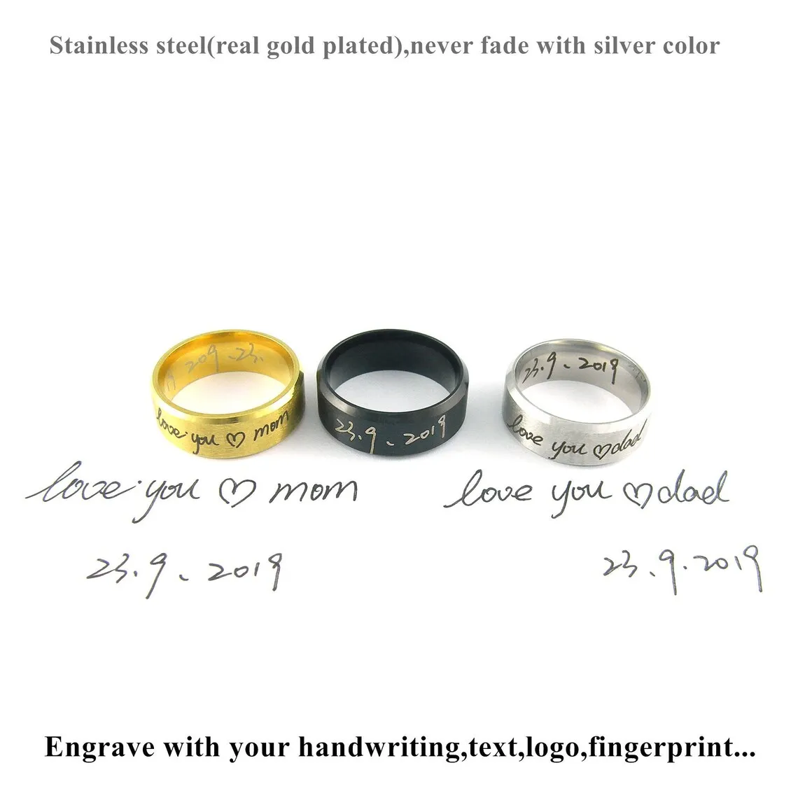 Engraved Stainless Steel 8mm Width Ring Custom Engraved Actual Handwriting Ring Memorial Gift