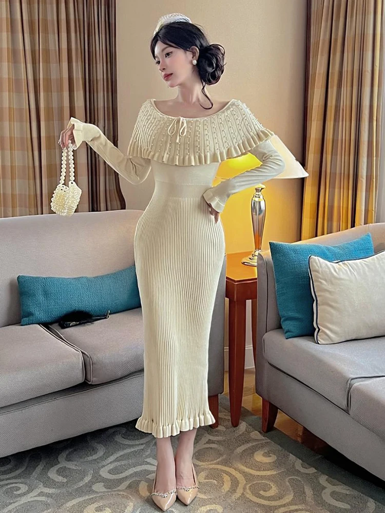 Vrouwen gebreide off-shoulder ruche lange mouw bodycon maxi lange jurk zoete elegante partij casual gewaad vestidos dame straatkleding