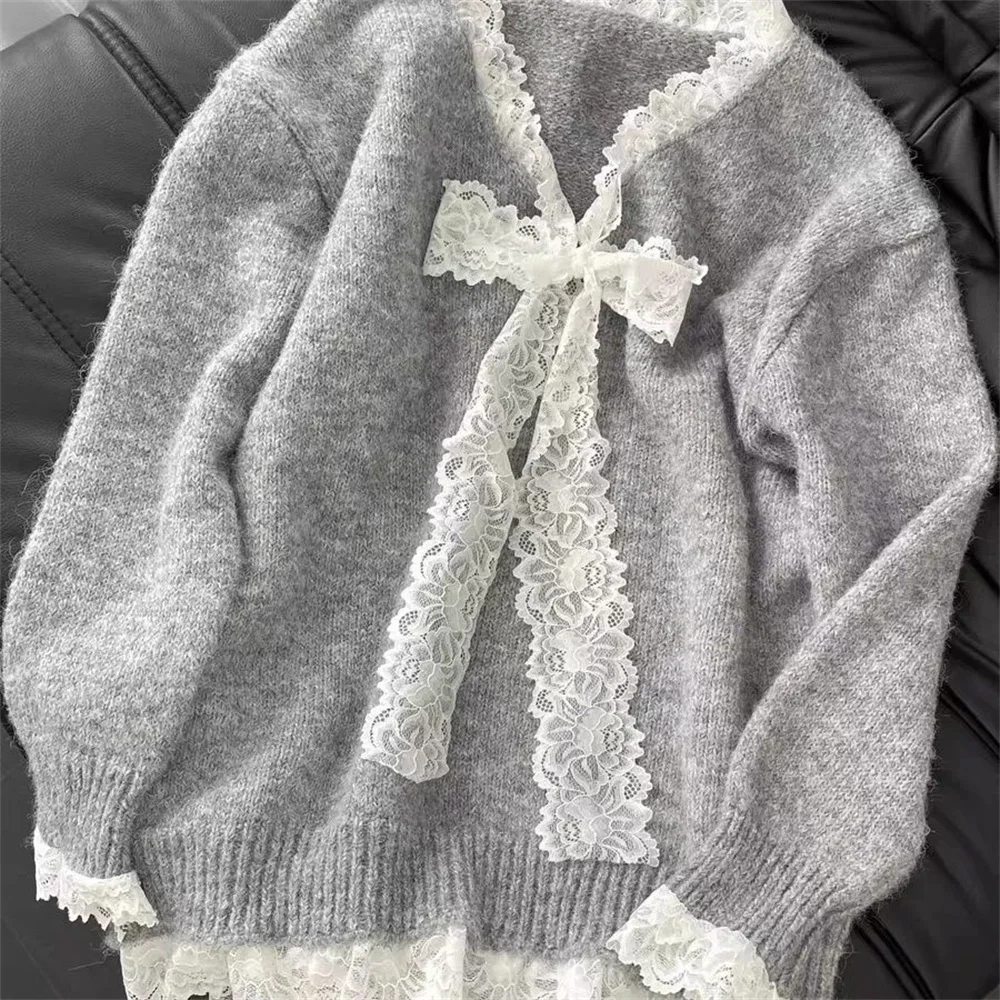 

Весенне-осенний свободный элегантный вязаный пуловер с V-образным вырезом в корейском стиле, модный повседневный женский свитер с кружевным бантом