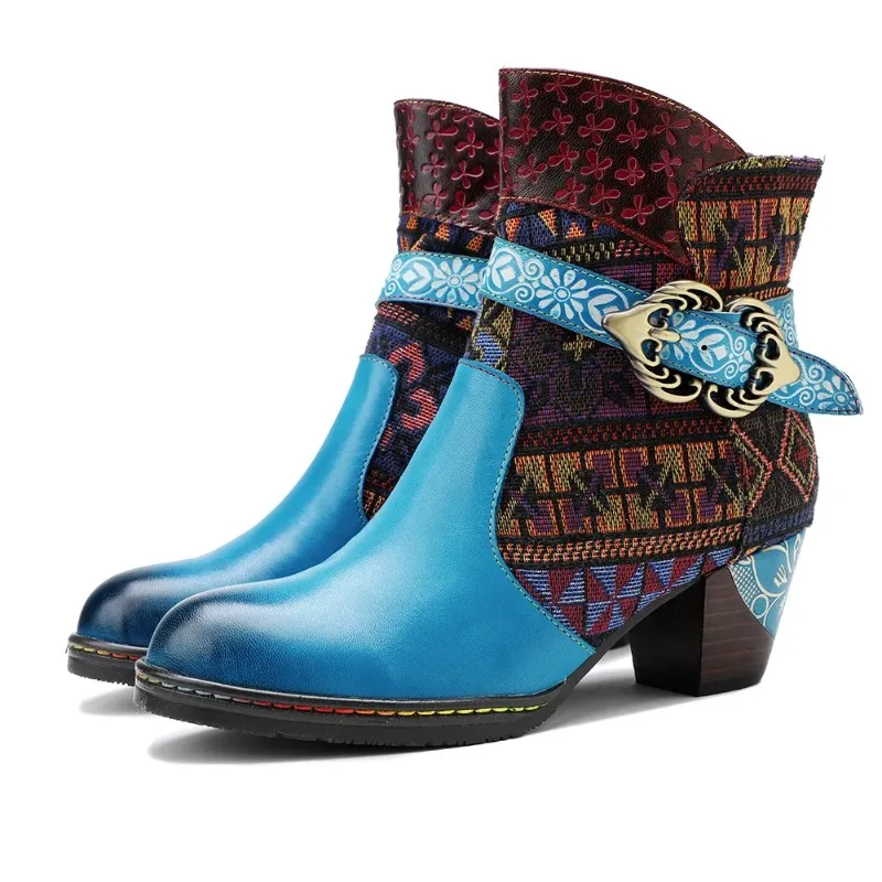 

2025 Autumn Winter New Handmade Printing Contrast Short Boots Metal Decoration Retro Casual Comfort Genuine Leather Women Shoes