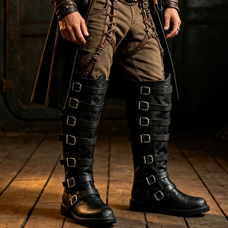 2026 Renaissance Medieval Steampunk Pirate Tall PU Leather Boots For Men Halloween Carnival Cosplay Party Costume Daily Shoes