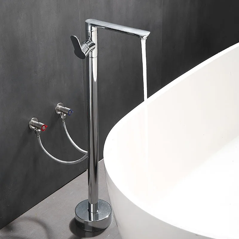 Bathroom floor bathtub faucet bathtub side vertical all-copper silver heightening basin column cold and hot dual control