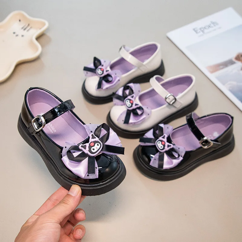 

Детская повседневная обувь, туфли из искусственной кожи на низком каблуке, весенняя обувь с мультяшным бантом для девочек, Нескользящая черная, бежевая обувь, размер 26-37