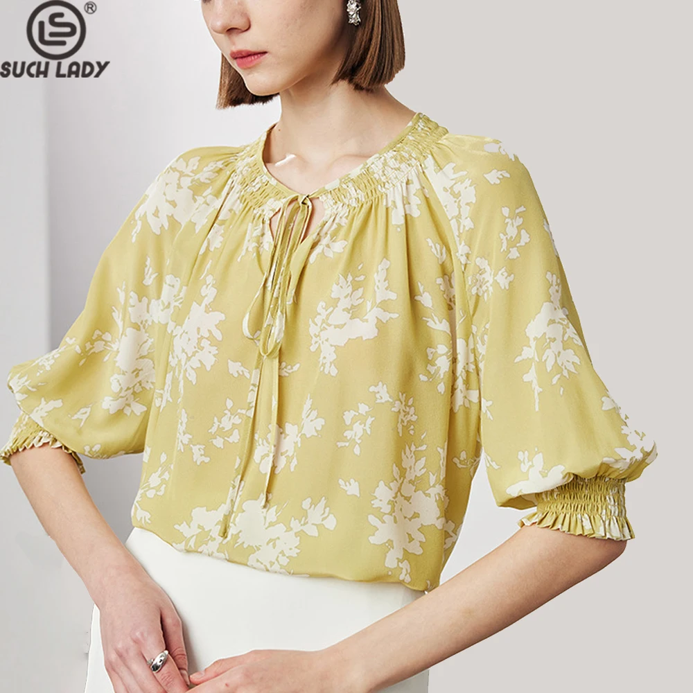 

100% Silk Women's Blouse O Neck Half Sleeves Printed Elegant Fashion Casual Summer Blouses