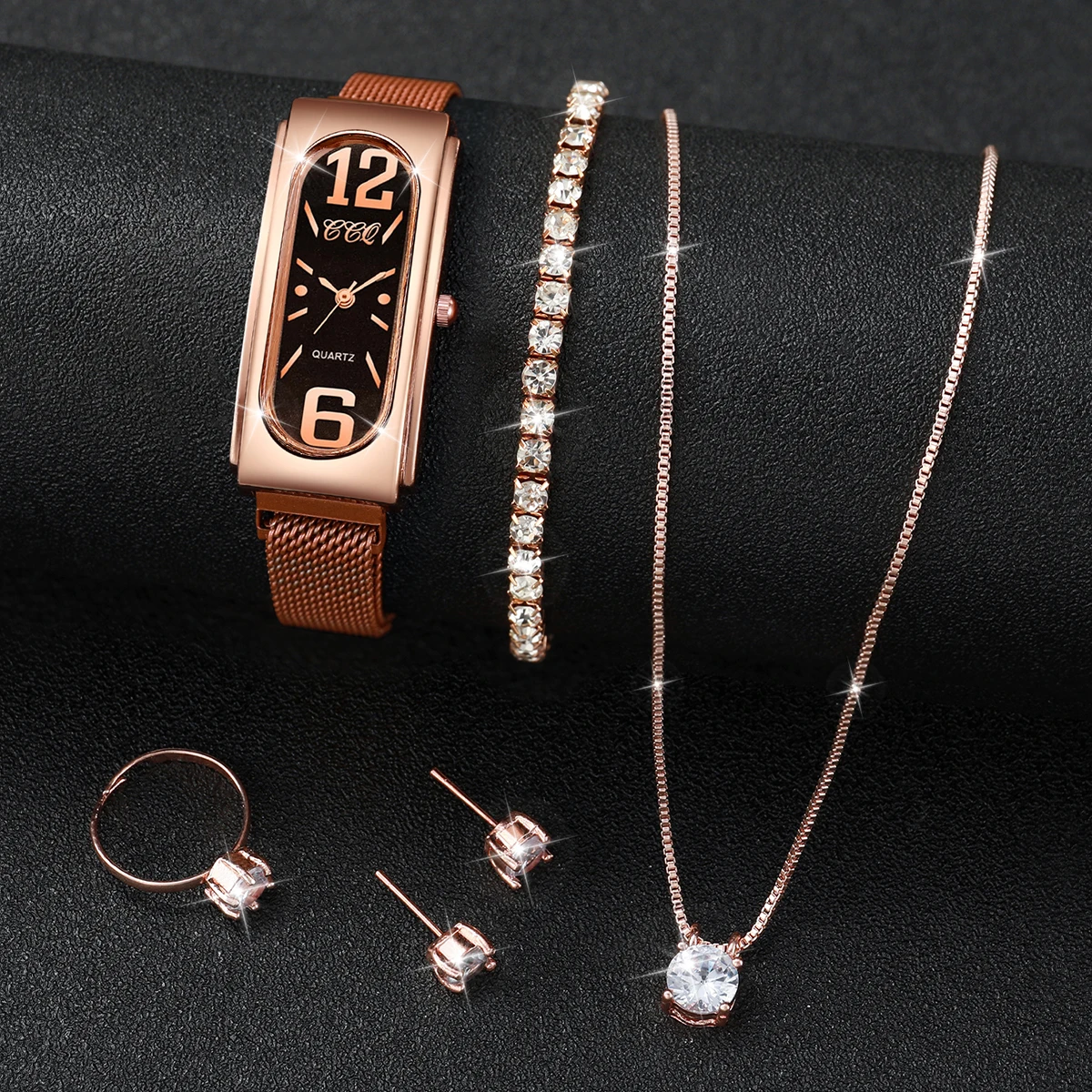 6PCS/Set Fashion Magnet Clasp Women\'s Watch Rectangle Arabic Dial Quartz Watches Diamond Jewelry Set（Without Box）