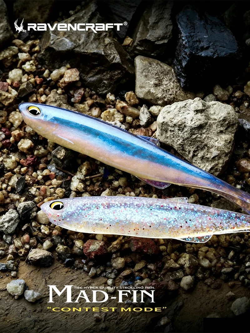 6/7/8 Stück neue Ravencraft „Mad-Fin“ bleifreie Angelgruppe, weicher Köder, sinkender Angelköder, 68/81/94 mm, künstlicher feiner Barschköder