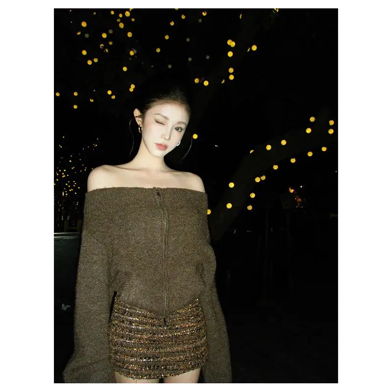 Deeptown vintage sexy fora do ombro camisola feminina estilo coreano marrom zíper cardigan slash neck causal sólido manga longa jumpers