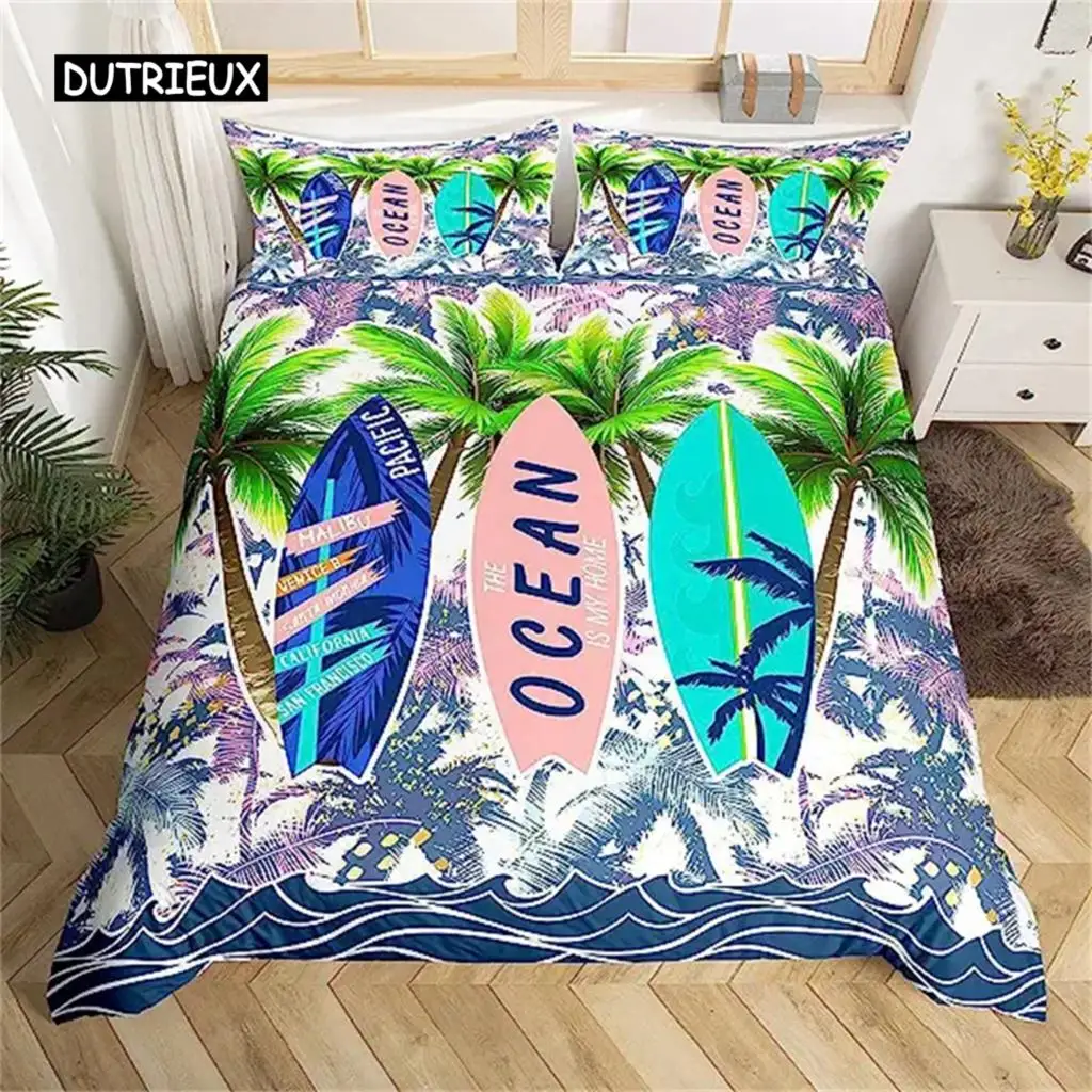 

Tropical Coconut Tree Duvet Cover Surfboard Palm Leaf Ocean Wave Summer Vacation Style Natural Scene Decorative Blue Green Red